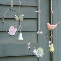 Anillo decorativo con caracol, decoración de primavera, decoración de metal verde / rosa Ø14,5cm juego de 2