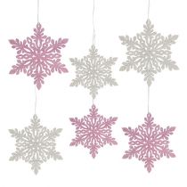 Copo de nieve madera 8-12cm rosa/blanco 12uds.