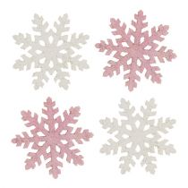 Artículo Copo de nieve 4cm rosa/blanco con purpurina 72 piezas