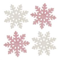 Artículo Copo de nieve 4cm rosa/blanco con purpurina 72uds