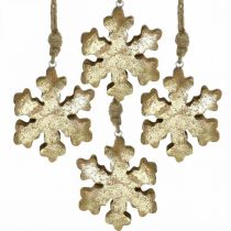 Artículo Copo de nieve madera de mango natural, cristal de nieve dorado Ø10cm 6pcs