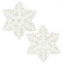 Artículo Copos de nieve madera 4cm blanco con mica 72uds