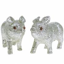 Cerdos deco Plata con brillo 10cm 8pcs