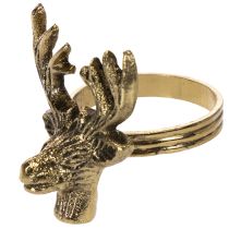 Artículo Anillo para servilletas de metal con cabeza de ciervo en acabado dorado, 6 cm, 4 unidades.