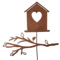 Artículo Casita para pájaros de jardín oxidada con forma de corazón y rama, 100 cm.