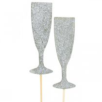 Decoración Nochevieja copa de champán tapón flor plata 9cm 18pcs