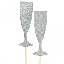 Artículo Decoración de Nochevieja copa de champán tapones de flores plateados 9cm 18 piezas
