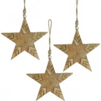 Artículo Estrella madera mango naturaleza, estrella madera dorada Navidad 19,5cm 3 piezas