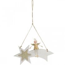 Artículo Ángel en estrella fugaz, decoración navideña para colgar, blanco de Adviento, dorado H13cm W21.5cm 2pcs