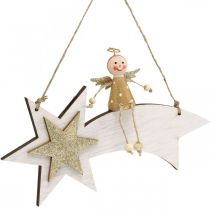 Artículo Ángel en estrella fugaz, decoración navideña para colgar, blanco de Adviento, dorado H13cm W21.5cm 2pcs