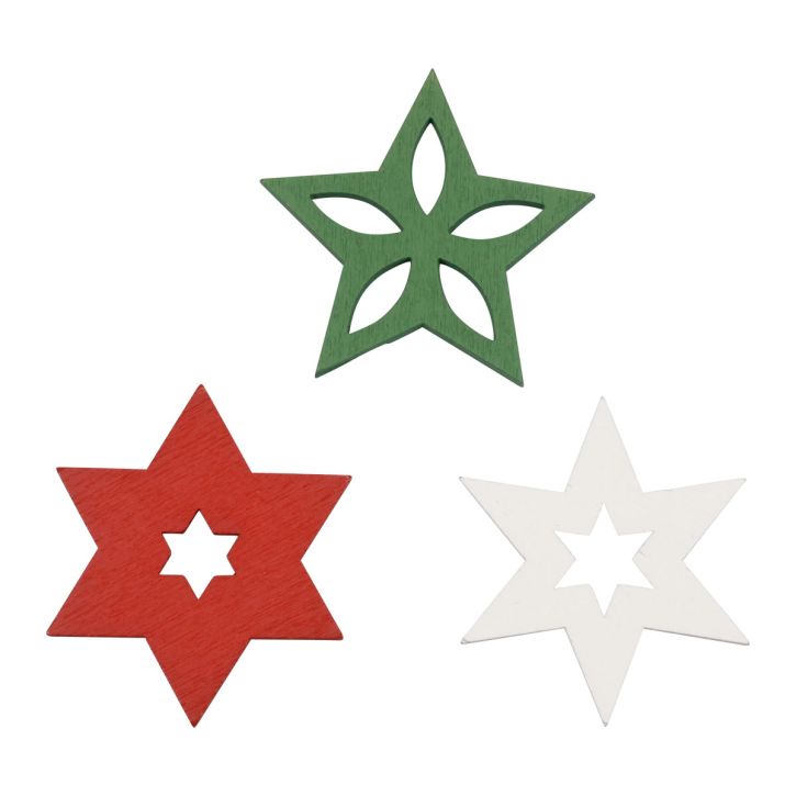 Decoración dispersa Estrellas navideñas de madera rojo/blanco/verde Ø3,5cm 72ud