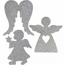 Artículo Decoración de dispersión Decoración de ángel navideño purpurina plateada H8cm 24pcs