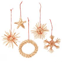 Artículo Estrellas de paja Adornos para árboles de Navidad paja rojo natural Ø4-6cm 17 piezas