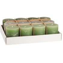 Artículo Juego de velas de pilar, 3 tonos de verde, teñidas por completo, velas decorativas para decoración de mesa y bienestar, 70x80 mm, 12 piezas
