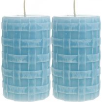 Artículo Velas de cera patrón de canasta, velas de pilar, velas rústico azul claro 110/65 2 piezas