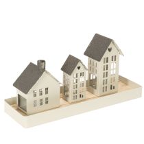 Artículo Conjunto de faros de metal con tres casas sobre bandeja de 35 cm (1 juego)