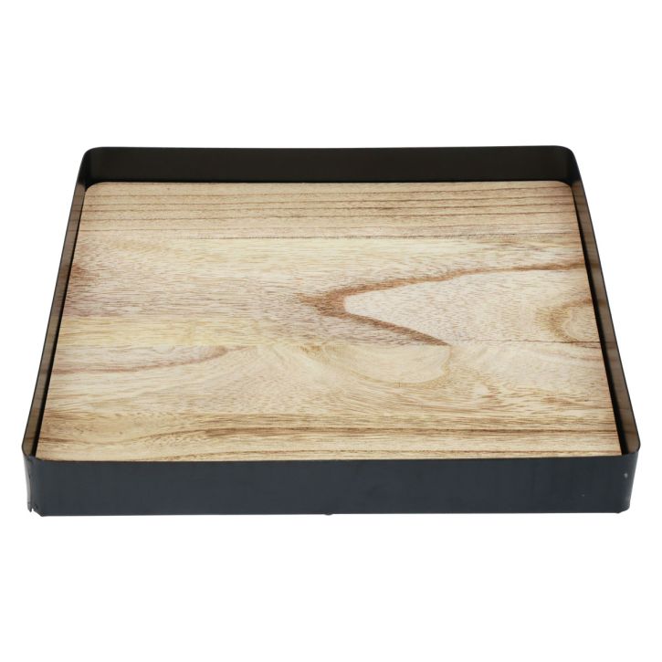 Bandeja decorativa metal madera cuadrada natural negro 25,5×25,5×4cm