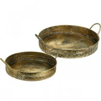 Cuenco decorativo con asas, bandeja para plantas estampada, recipiente de metal dorado, aspecto antiguo AN45,5/42cm Ø39,5/34cm juego de 2
