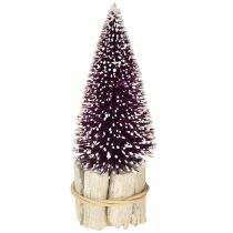 Artículo Árbol de Navidad decorativo en color morado con punta de nieve sobre base de madera rústica 15cm 3 piezas.