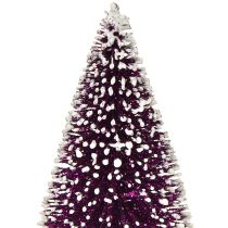 Artículo Árbol de Navidad decorativo en color morado con punta de nieve sobre base de madera rústica 15cm 3 piezas.