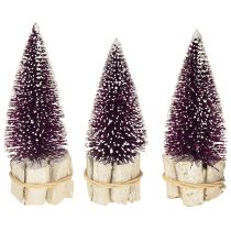 Artículo Árbol de Navidad decorativo en color morado con punta de nieve sobre base de madera rústica 15cm 3 piezas.