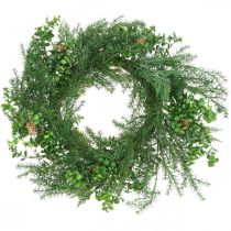 Corona decorativa con ramas de coníferas, piñas y boj verde 60cm