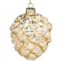 Artículo Conos para colgar, decoraciones para árboles, conos decorativos cubiertos de nieve Dorado H9.5cm Ø8cm vidrio real 3pcs