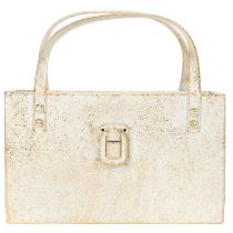 Artículo Bolsa metálica, recipiente decorativo, rectangular, 26 cm, color dorado.