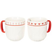 Artículo Taza de café con asa roja, diseño de punto y decoración de corazón, cerámica, 9 cm, 2 unidades