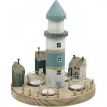 Portavelas Lighthouse azul, blanco 4 velas Ø25cm H28cm