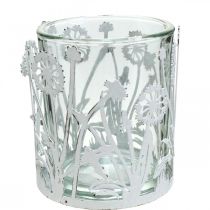 Linterna con dientes de león, decoraciones de mesa, decoración de verano shabby chic plata, blanco H10cm Ø8.5cm