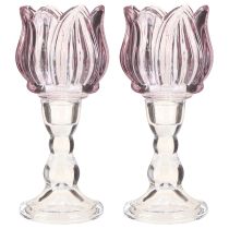 Artículo Portavelas de cristal con forma de tulipán, color morado, diámetro 7 cm, altura 16 cm, 2 unidades