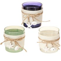 Artículo Portavelas de cristal con forma de vela marítima, color azul, verde y blanco, 7,5 cm, 3 unidades
