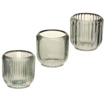 Artículo Portavelas de cristal con decoración de ranuras en gris, 8 cm, 6 unidades
