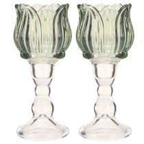 Artículo Portavelas de cristal tulipán verde Ø7cm H16cm 2uds