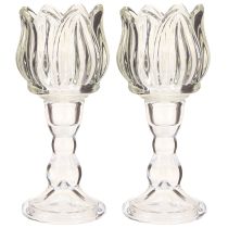Artículo Portavelas de tulipán de cristal con base transparente Ø7cm H16cm 2uds