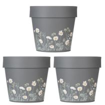 Artículo Maceta con delicado diseño de flores silvestres, uso práctico en balcón o terraza, 15 cm, 3 piezas