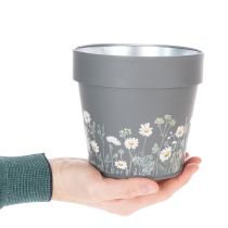 Artículo Maceta con delicado diseño de flores silvestres, uso práctico en balcón o terraza, 15 cm, 3 piezas