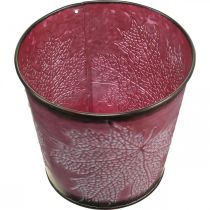 Artículo Maceta decorativa para plantar, cubo de hojalata, decoración de metal con patrón de hojas rojo vino Ø14cm H12.5cm
