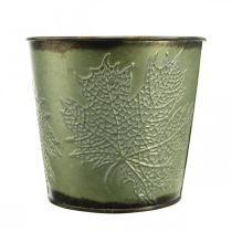Artículo Jardinera con decoración de hojas, recipiente de metal para el otoño, cubo de plantas verde Ø10cm H10cm