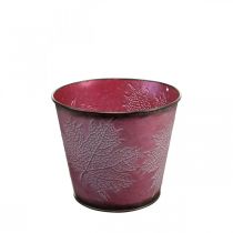 Artículo Macetero con decoración de hojas, decoración de otoño, macetero de metal rojo vino Ø16,5 cm H14,5 cm