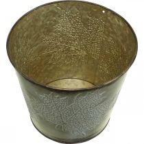 Artículo Jardinera para otoño, cubo de metal con decoración de hojas, recipiente de metal dorado Ø14cm H12.5cm