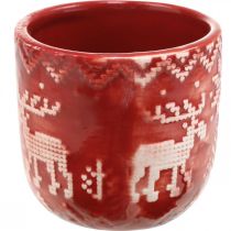 Decoración de cerámica con reno, decoración de Adviento, jardinera con motivo noruego rojo / blanco Ø7,5cm H7cm 6pzs
