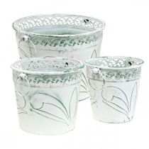 Artículo Tina de hojalata con relieve, macetero con asas blanco, verde shabby chic H22/19,5/17,5cm Ø25,5/20,5/15,5cm set de 3