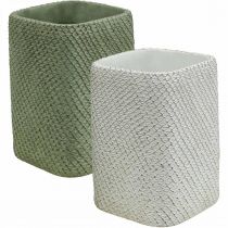 Artículo Jardinera cerámica blanco verde malla relieve 14x14cm H21.5cm 2pcs