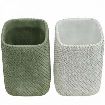 Artículo Jardinera cerámica blanco verde malla relieve 12x12cm H17.5cm 2pcs