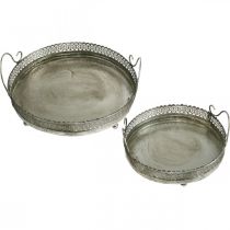 Artículo Bandeja vintage, bandeja decorativa plateada, bandeja para velas H6cm Ø31/24cm juego de 2