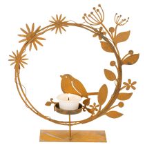 Artículo Portavelas decorativo con forma de pájaro y flor, aspecto oxidado, 24×27×6 cm.