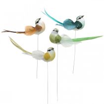 Pájaros decorativos, decoración de primavera, pájaros con plumas, verano, pájaros en alambre, colorido H3.5cm, 12 piezas