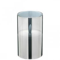 Vela LED festiva en vaso plateado, cera real, blanco cálido, temporizador, funciona con pilas Ø7,3cm H12,5cm